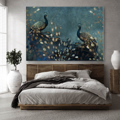 Artystyczne obrazy do sypialni - Złote Pawie obraz na płótnie