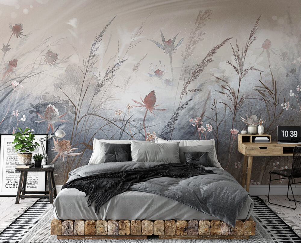 motywy kwiatowe na ścianie - tapeta do nowoczesnej sypialni