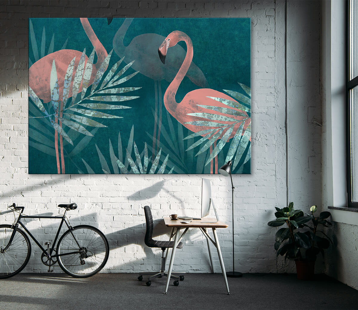 nowoczesne wnętrza ocieplone obrazem na ścianę w palmy i flamingi