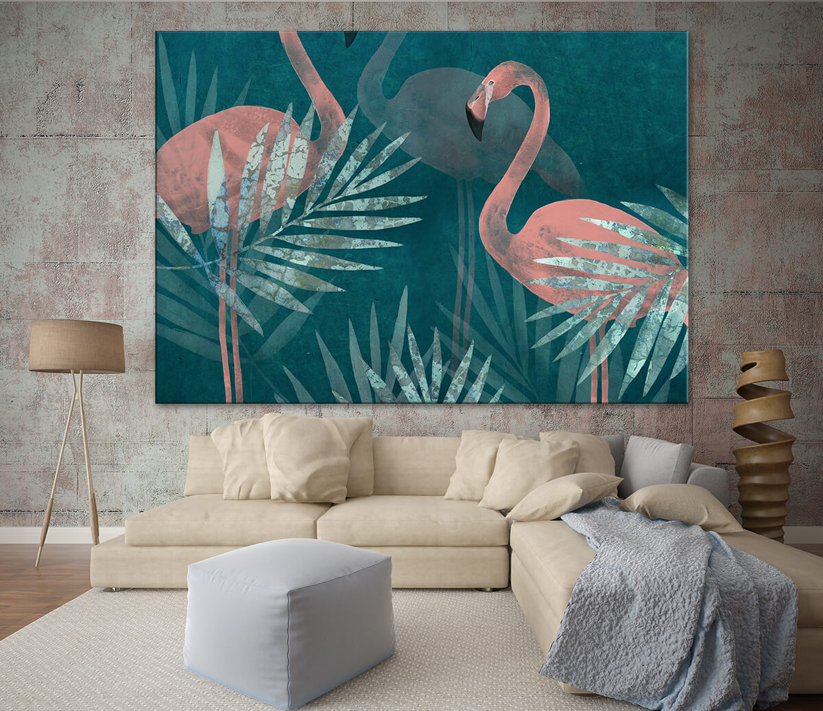 dekoracja ścienna w stylu egzotycznym - braz z flamingami