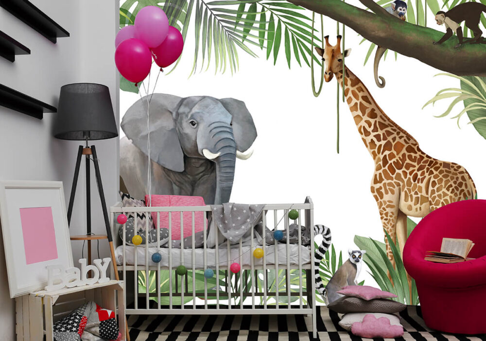 pokój dziecięcy z tapetą ze słoniem, żyrafą i małpkami