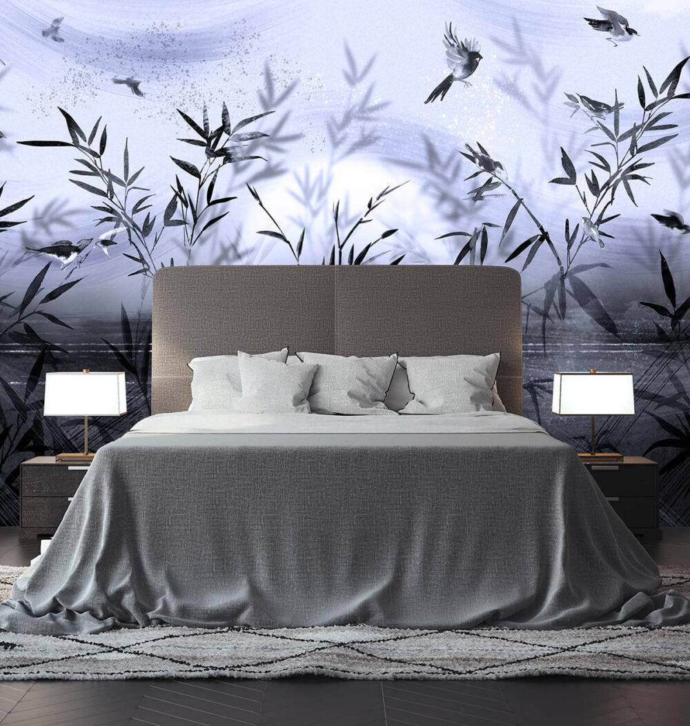 pomysły na aranżację sypialni - tapeta z roślinami powiększająca wnętrze