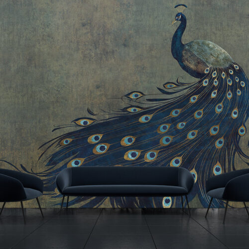 nowoczesny salon z artystyczną duszą - tapeta wielkoformatowa w pawie