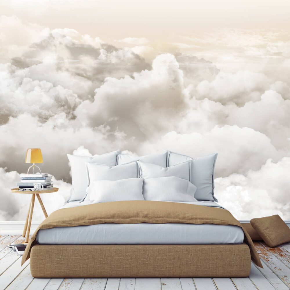 sypialnia w stylu skandynawskim - tapeta ścienna w chmurach