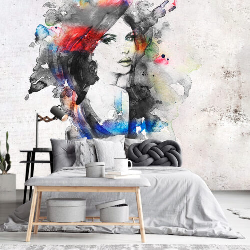 Aranżacja sypialni w stylu nowoczesnym tapeta abstrakcyjna Portret Kobiety