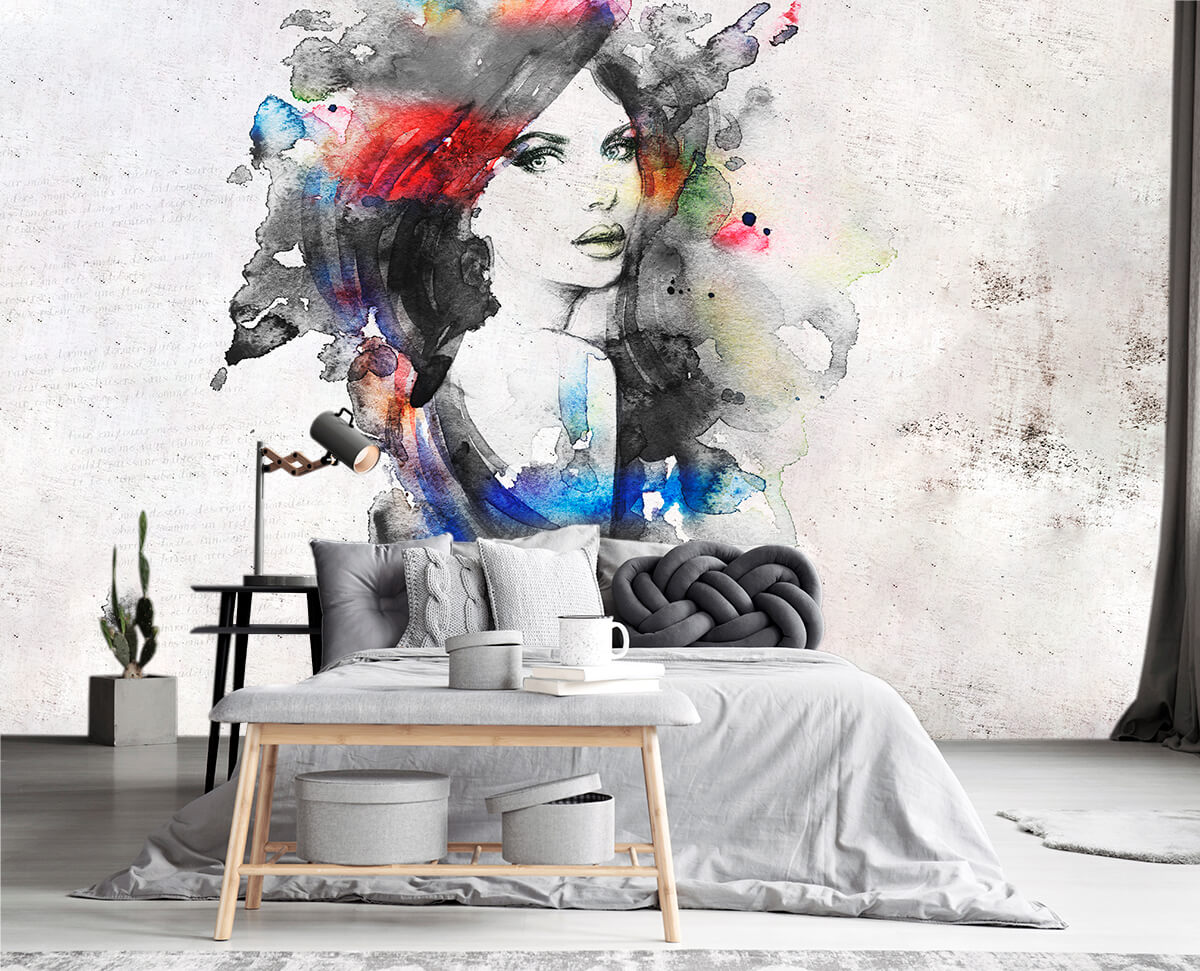 Aranżacja sypialni w stylu nowoczesnym tapeta abstrakcyjna Portret Kobiety