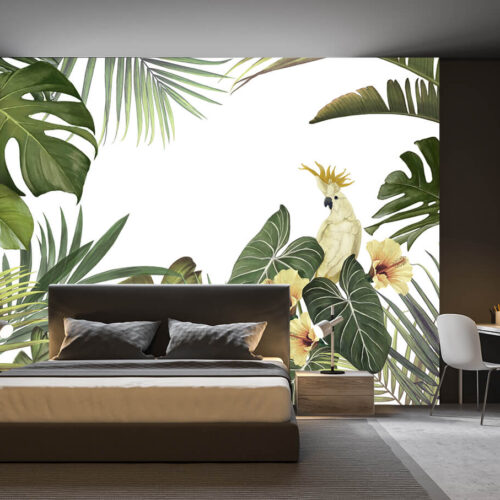 Tapeta w duże zielone liście palm w nowoczesnej sypialni