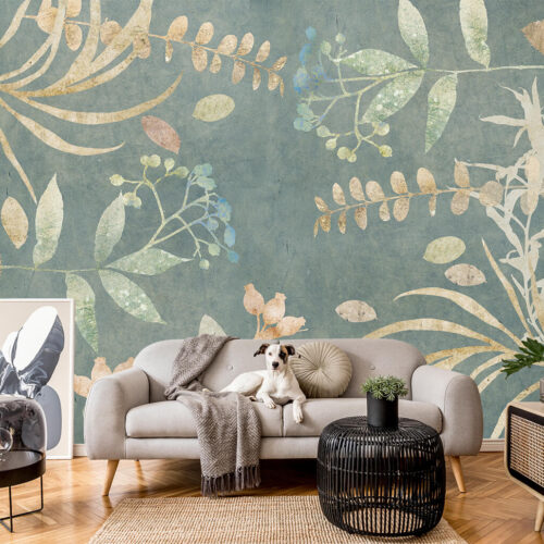 pastelowa fototapeta w rośliny w salonie w stylu skandynawskim
