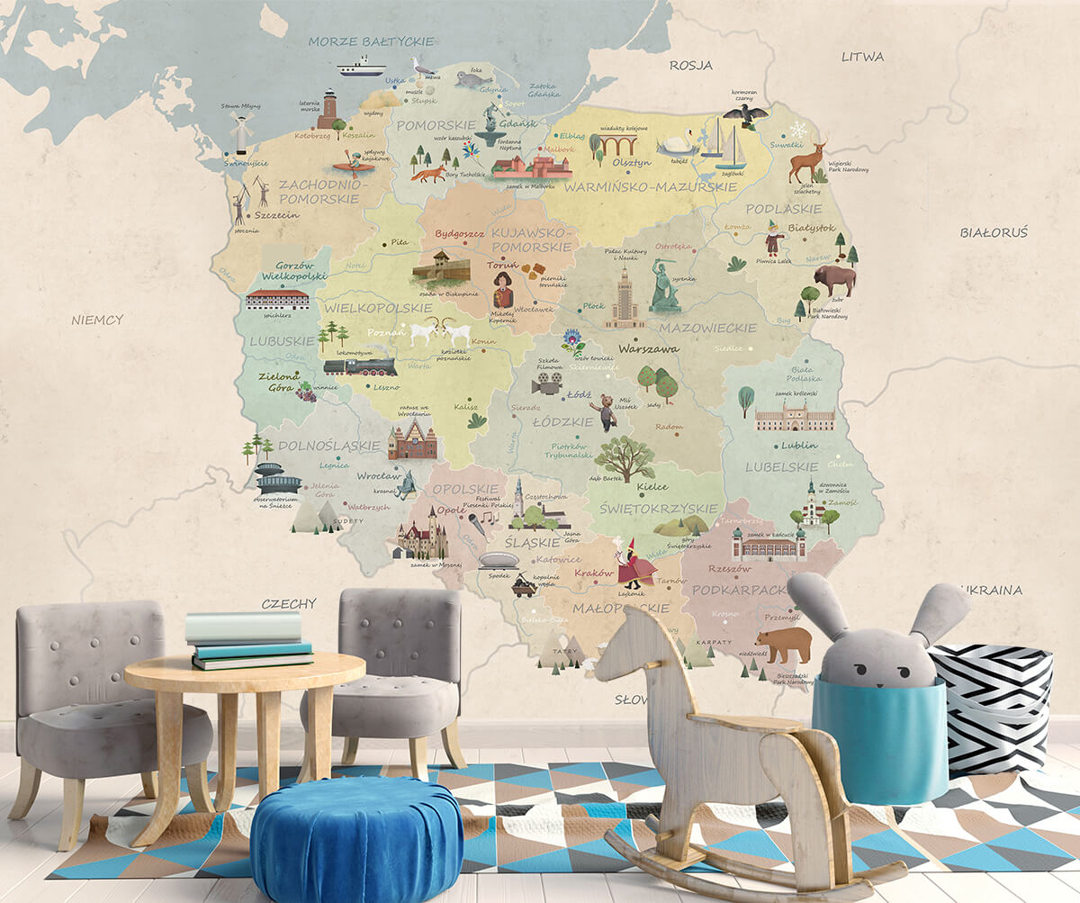 Pokój dziecka - Piękna tapeta na ścianę Mapa Polski