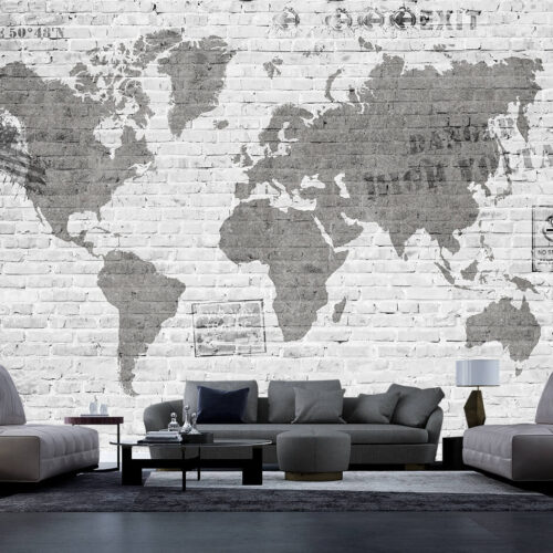 Mapa świata na ścianie z cegieł - tapeta nowoczesna