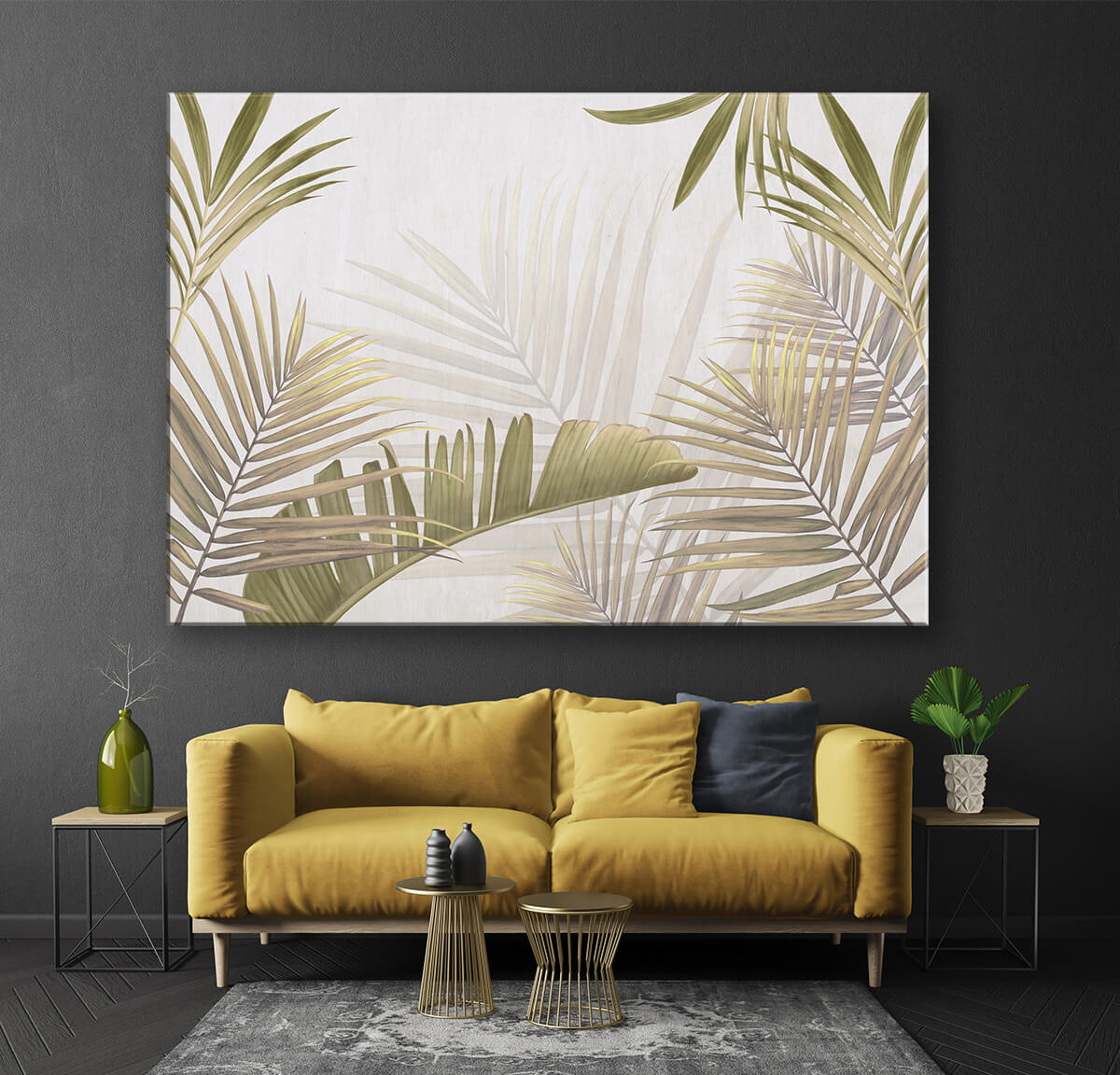 modna ściana w kolorze szarym obraz w liście palm