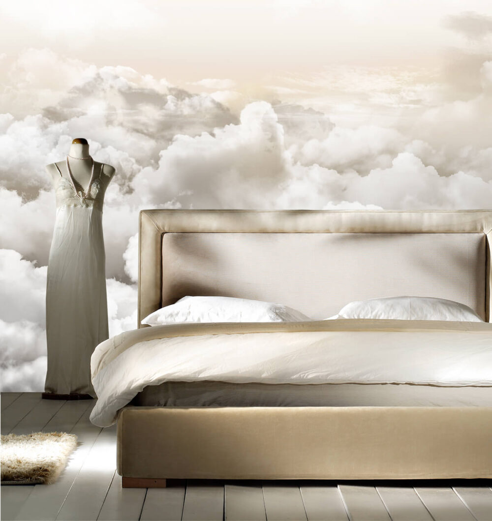 aranżacja małej sypialni - tapeta 3d Chmury