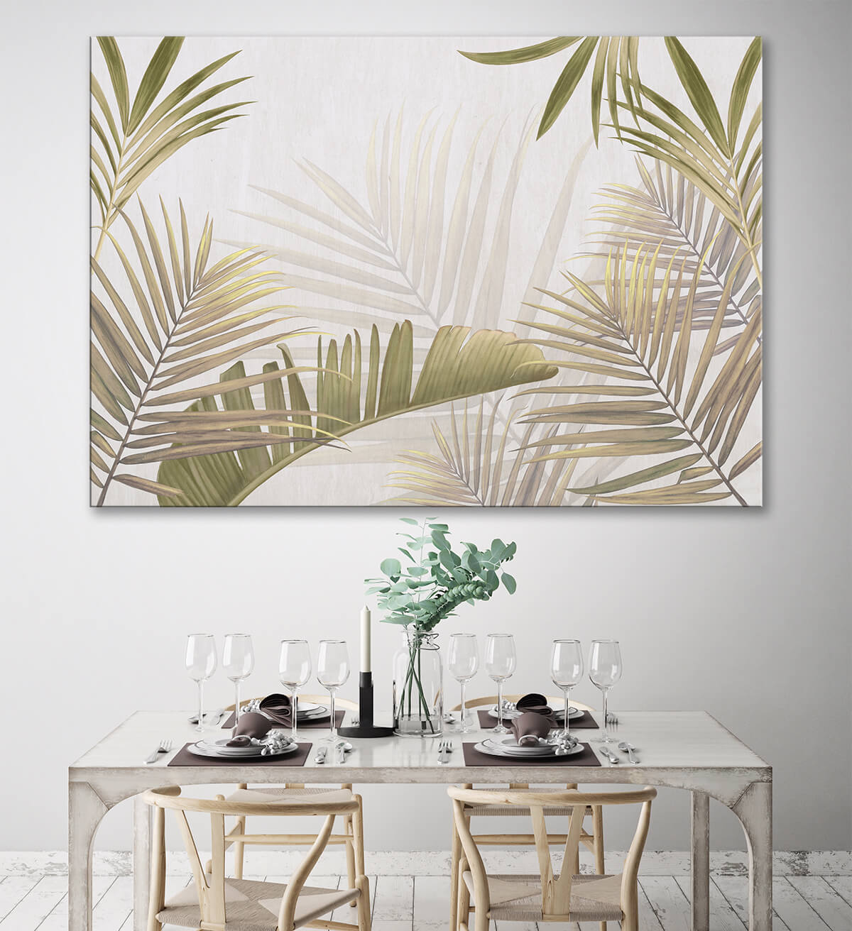 nowoczesna kuchnia i jadalnia na ścianie obraz w palmy