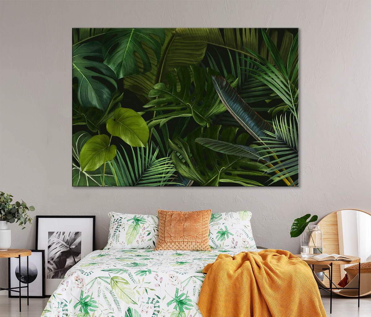 sypialnia w stylu Urban Jungle - obraz zielone liście palm