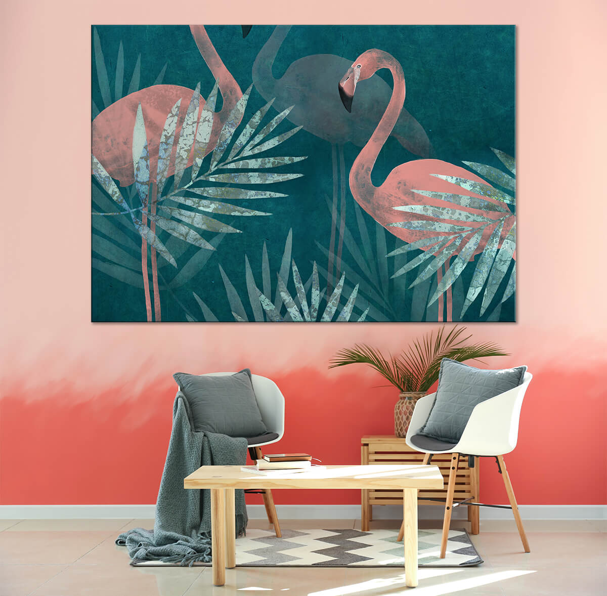 nowoczesne wnętrze w kolorach pudrowego różu obraz na ścianę z flamingami