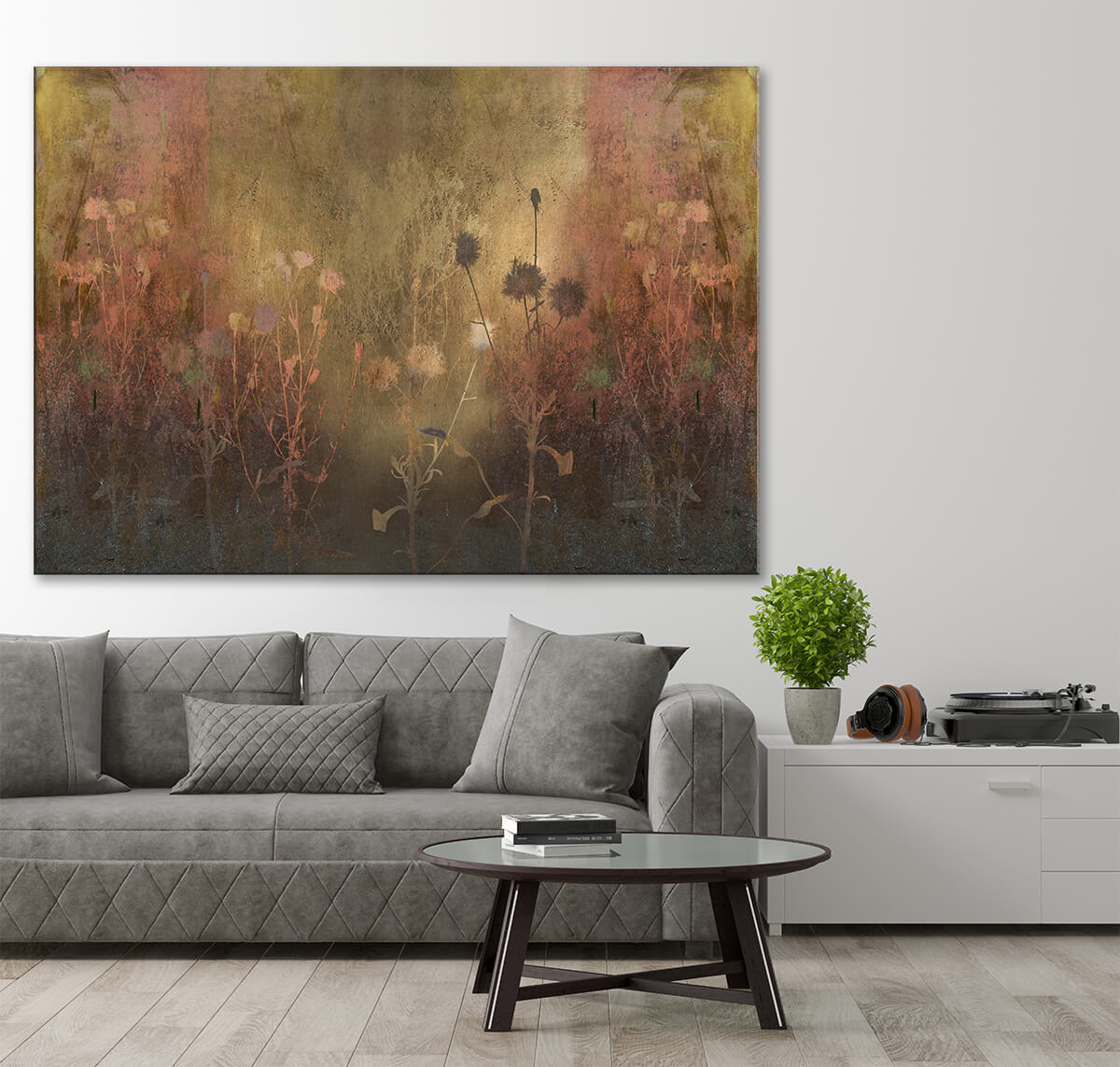 pokój dzienny - obraz z kwiatami w stylu nowoczesnym