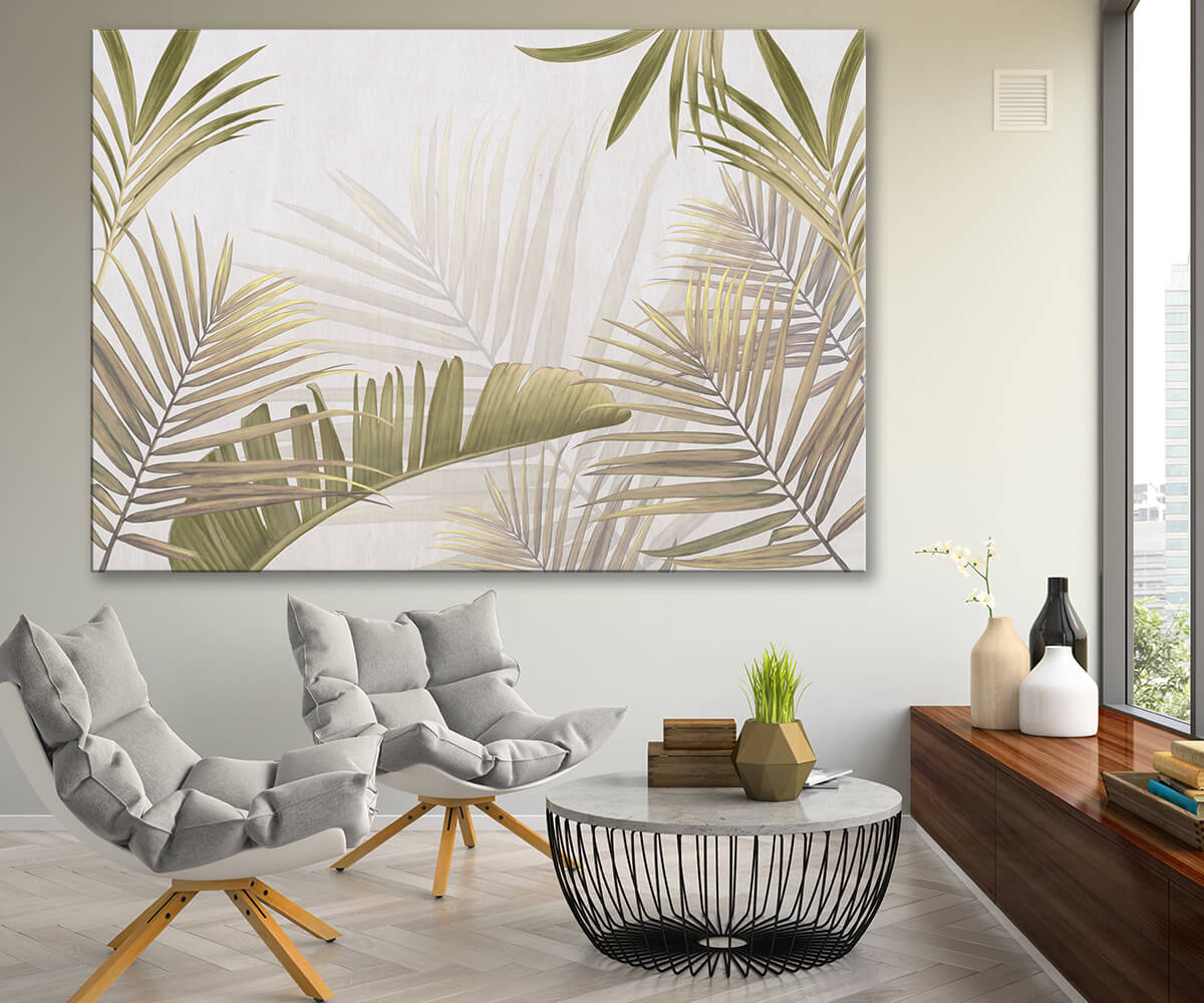 nowoczesny salon obraz w duże liście palmy