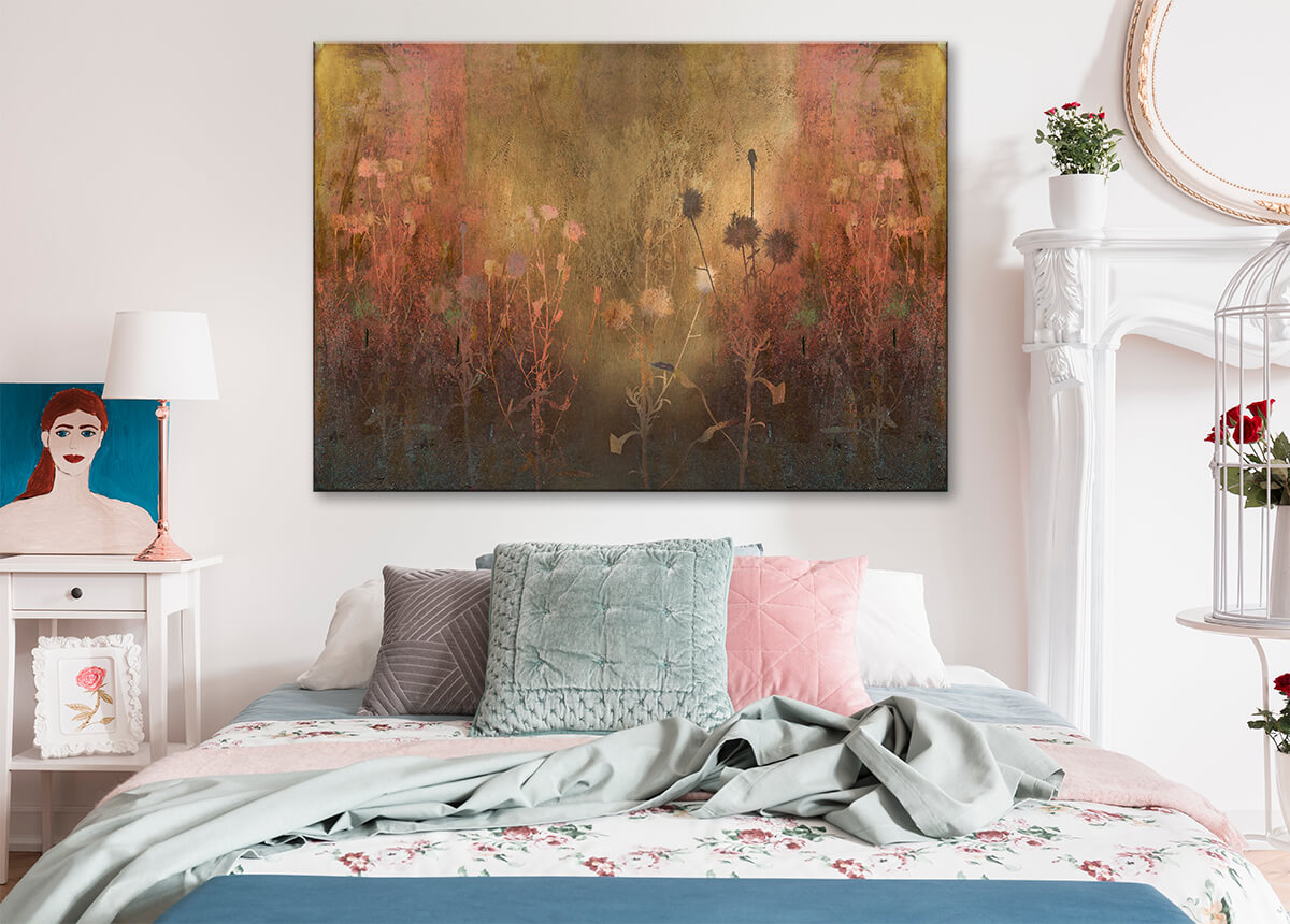 modna sypialnia - obraz z kwiatami