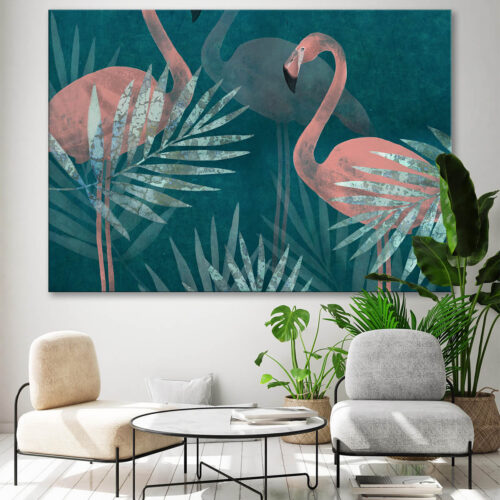 nowoczesny salon w stylu skandynawskim jasne meble obraz z flamingami i ogromnymi liśćmi palm