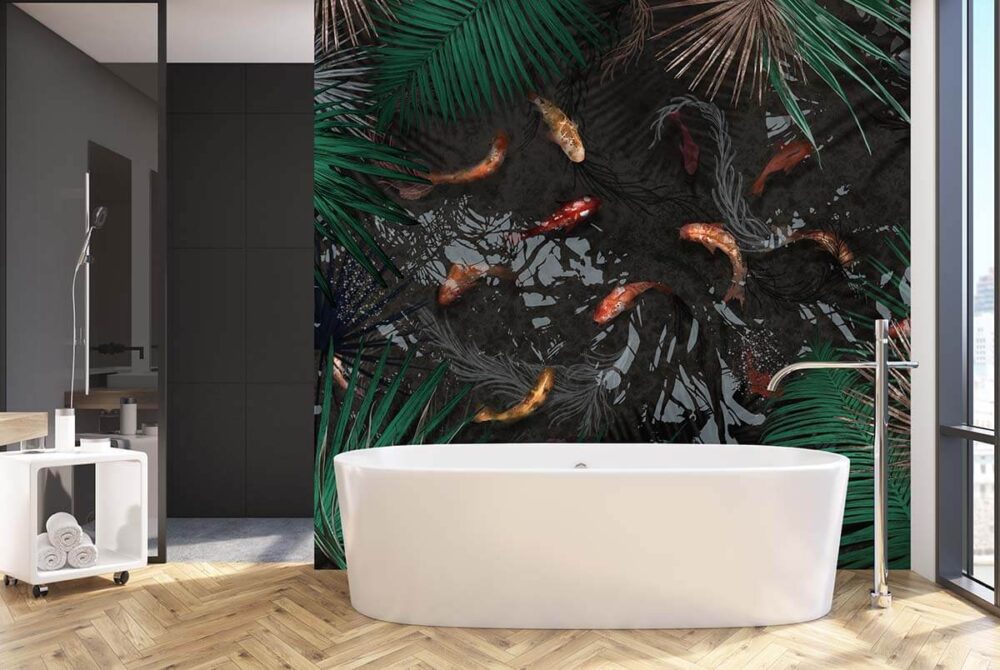 łazienka z tapetą botaniczną