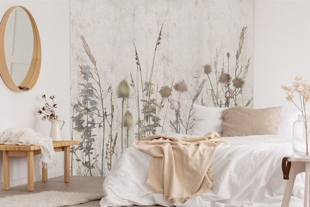 wnętrz nowoczesne sypialni - artystyczna tapeta botaniczna