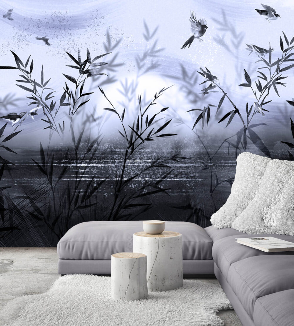 aranżacja salonu w stylu skandynawskim - minimalistyczna tapeta w rośliny