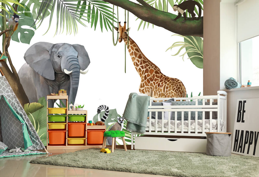 piękna fototapeta ze zwierzętami i dżunglą w pokoju dziecięcym