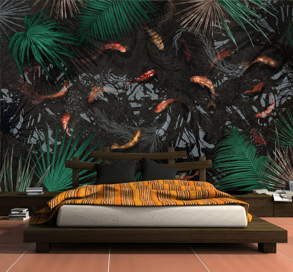 Duże tropikalne liście na tapecie do sypialni