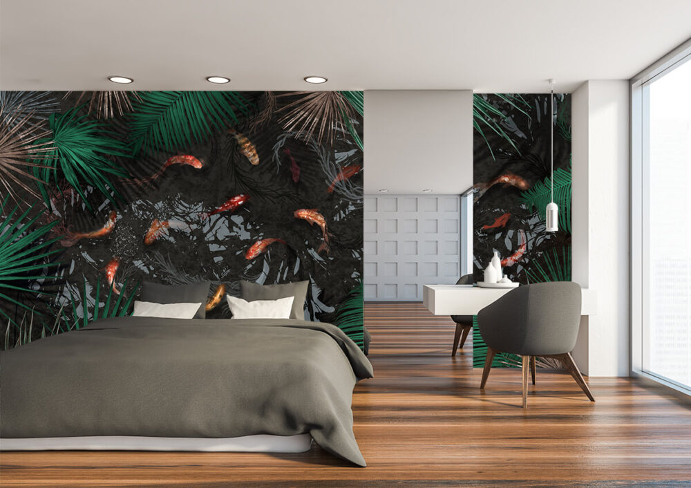 aranżacja modnej sypialni z tapetą w liście palm