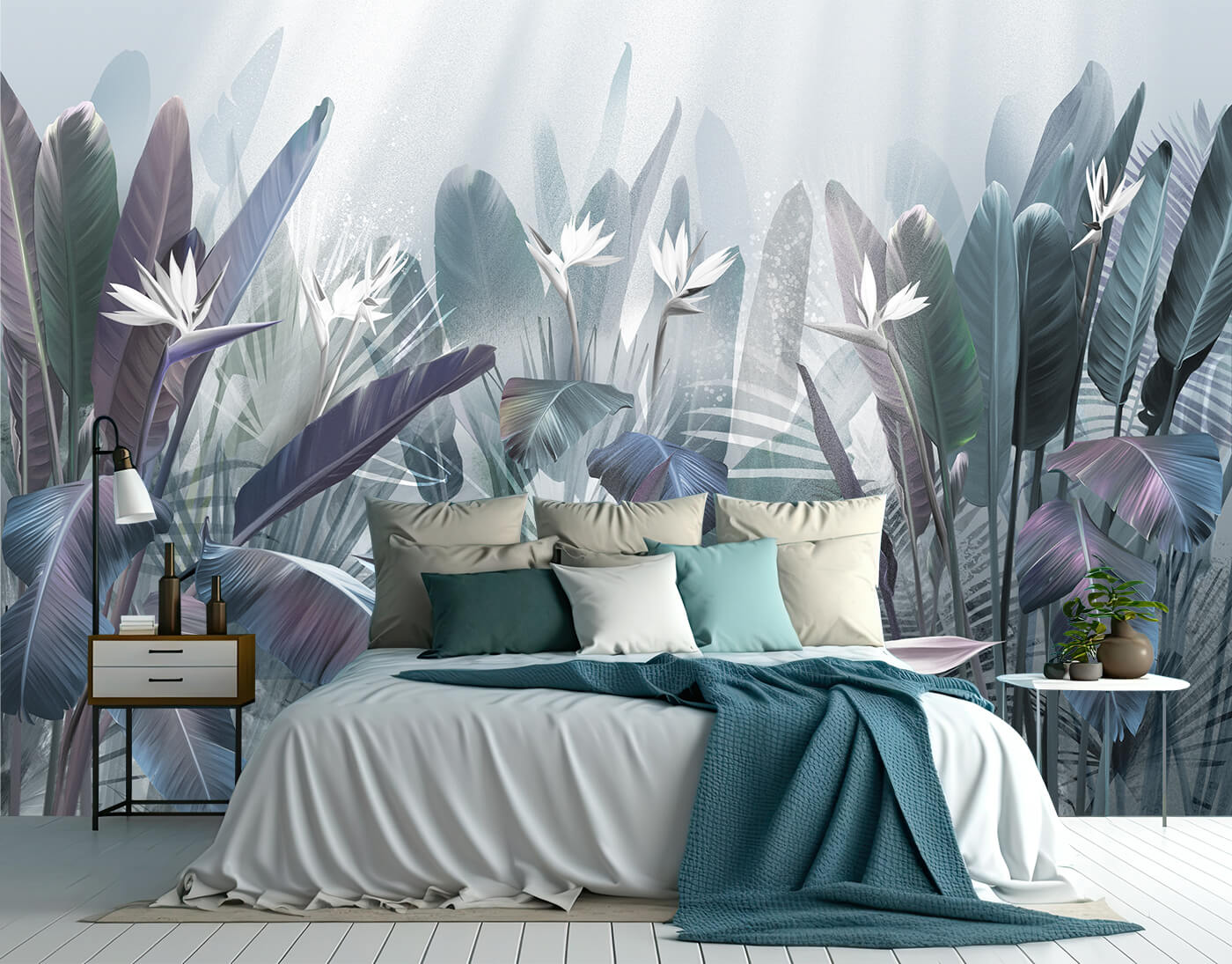 sypialnia w stylu eko z roślinną tapetą ścienną
