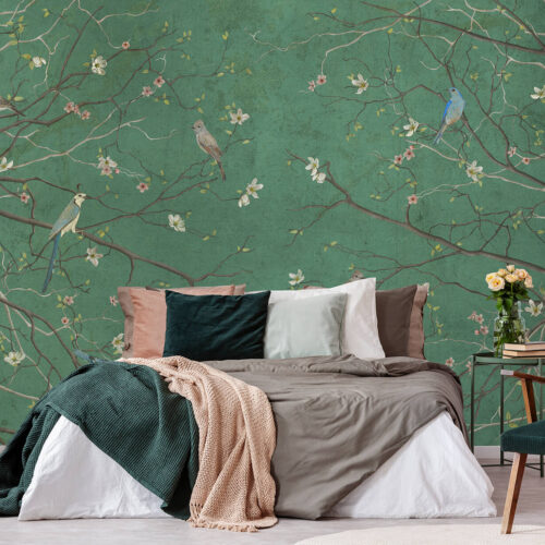 eleganckie tapety do sypialni drzewa ptaki