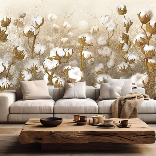 tapety do salonu w stylu rustykalnym - złote kwiaty