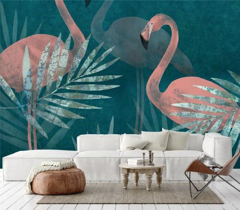 jasny wypoczynek w salonie w tle Fototapeta do salonu „Różowe Flamingi” 