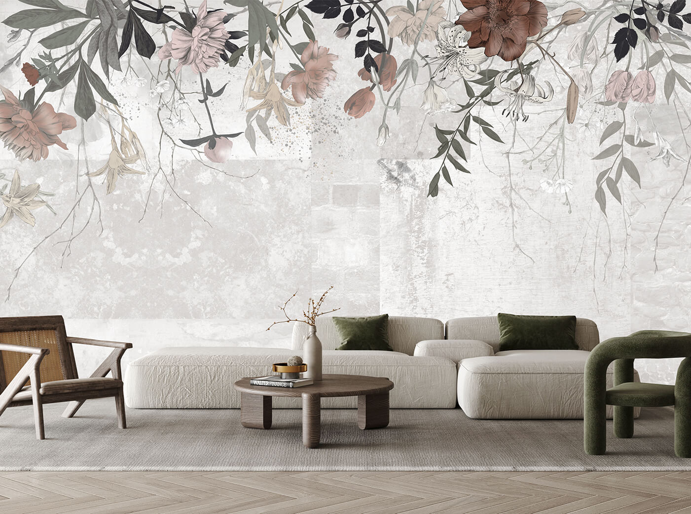 tapeta kwiatowa w salonie w stylu nowoczesnym
