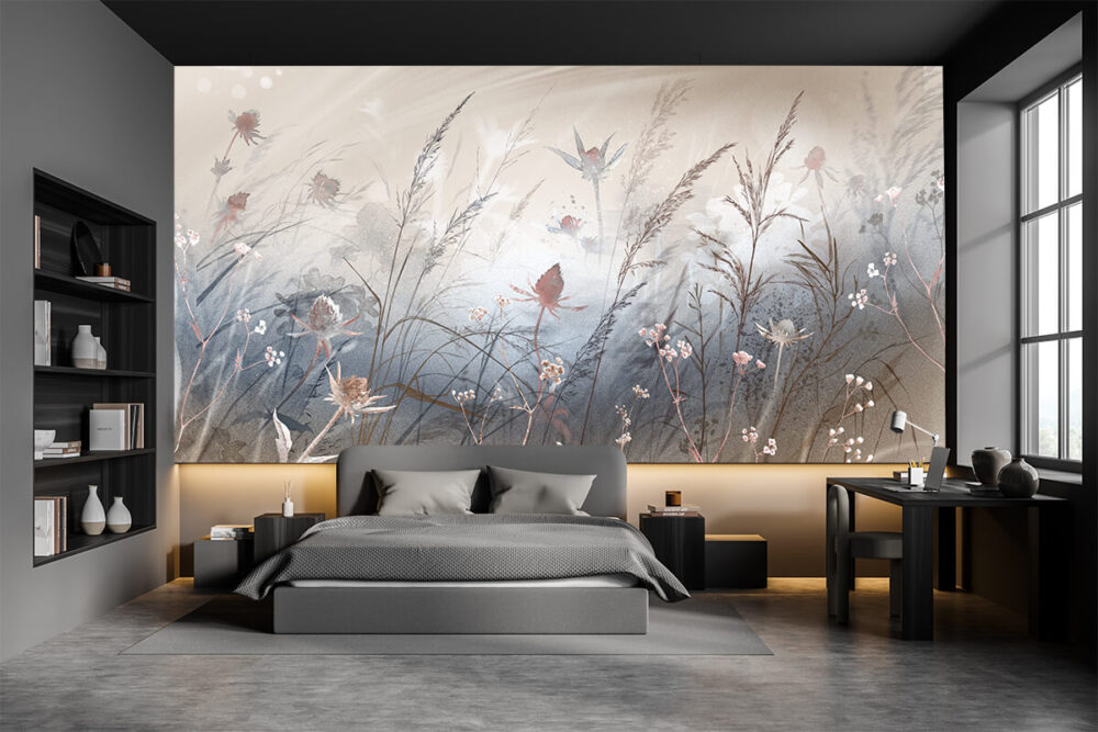 aranżacja sypialni w stylu skandynawskim - tapeta botaniczna