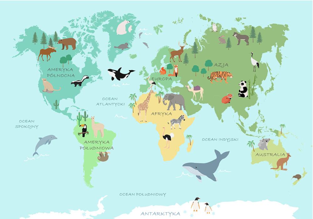obraz na płótnie dla dziecka Mapa Świata Zwierzęta