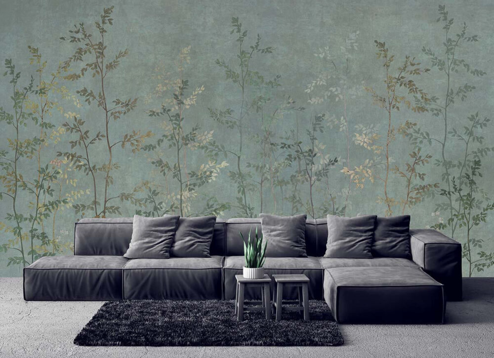 salon w stylu skandynawskim z fototapetą roślinną