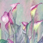 Obraz Calla Vivace z wyrazistym motywem kwiatów w odcieniach fioletu, zieleni i różu.