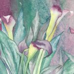 Obraz Calla Vivace z wyrazistym motywem kwiatów w odcieniach fioletu, zieleni i różu.