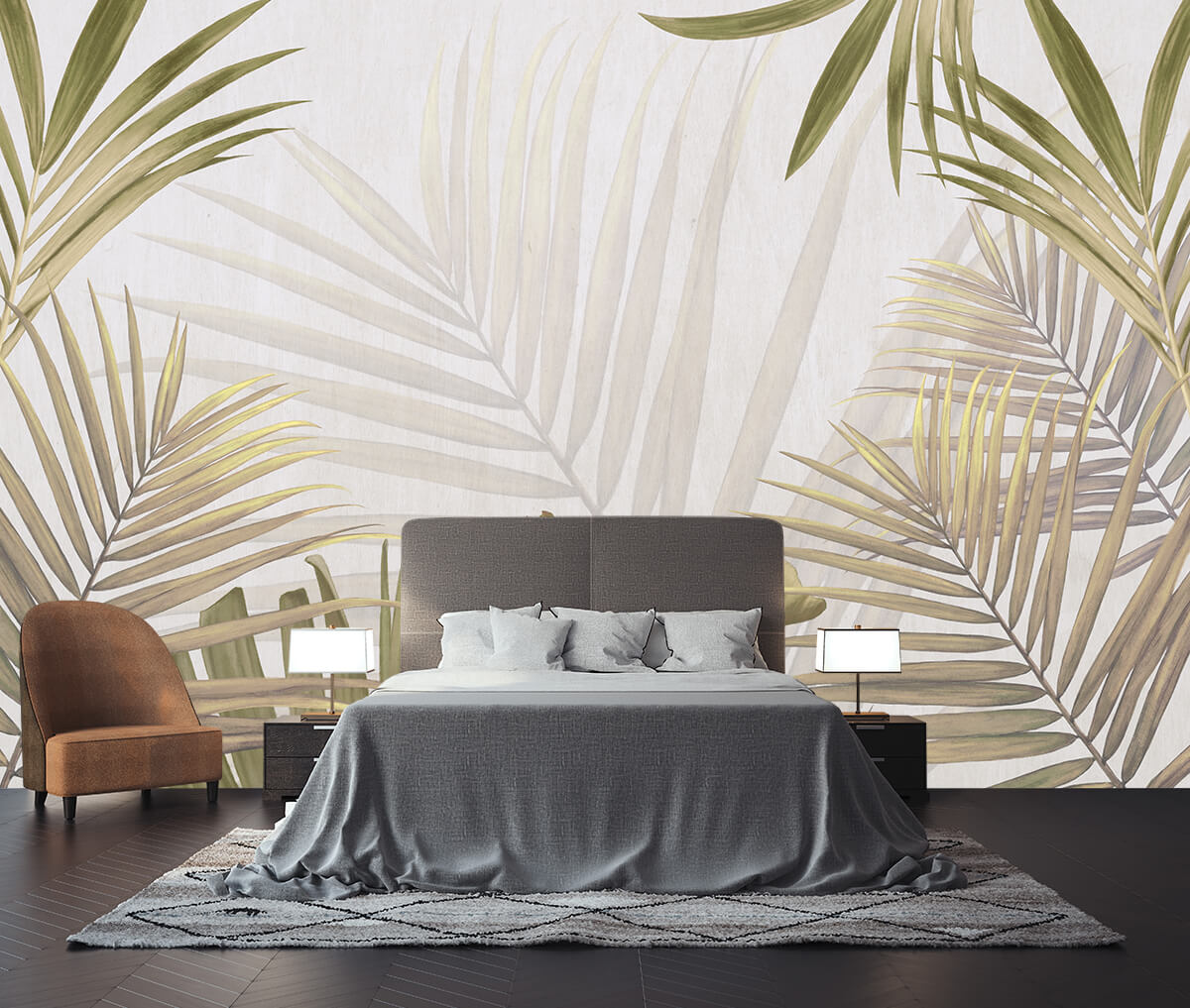 Fototapeta w ogromne liście palm w nowoczesnej sypialni