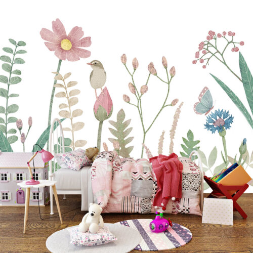 dekoracje do pokoju dziecięcego - tapeta z roślinami