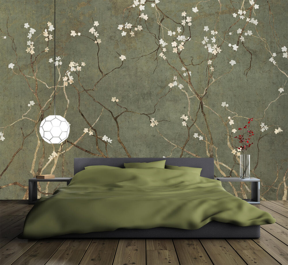aranżacja modnej sypialni - botaniczna tapeta ścienna
