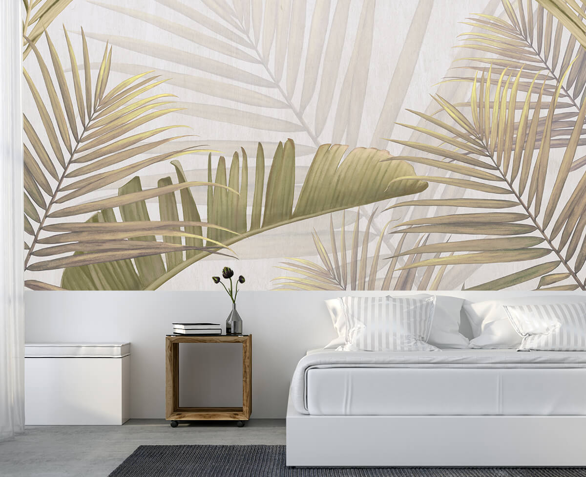 Sypialnia w stylu skandynawskim i fototapeta w stylu urban Jungle w duże liście palm