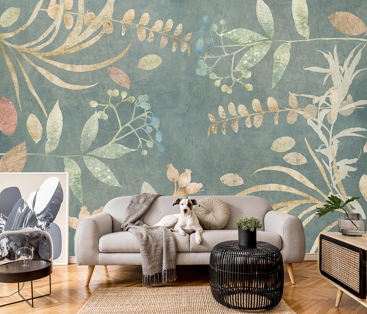 pastelowa fototapeta w rośliny w salonie w stylu skandynawskim