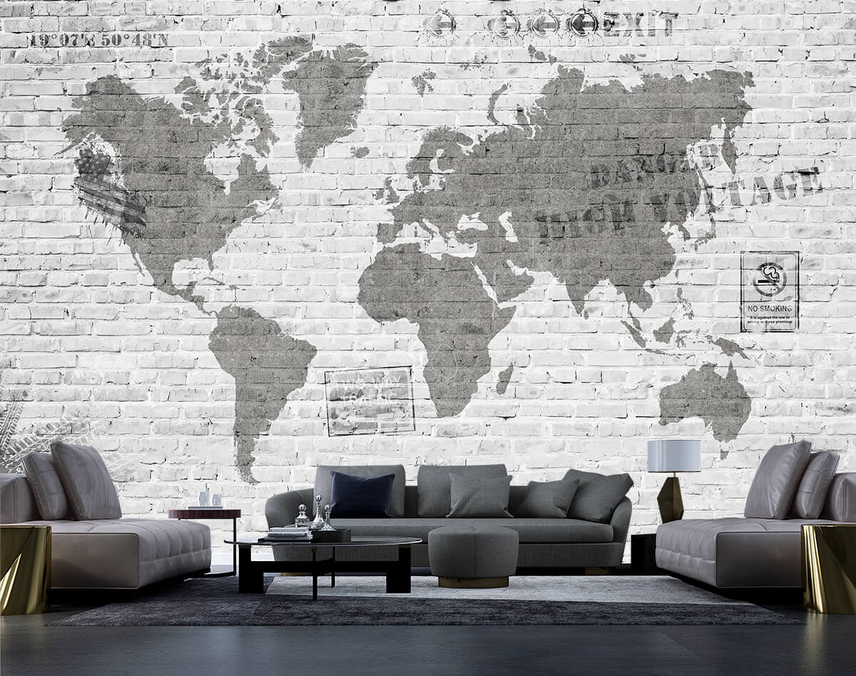 Mapa świata na ścianie z cegieł - tapeta nowoczesna