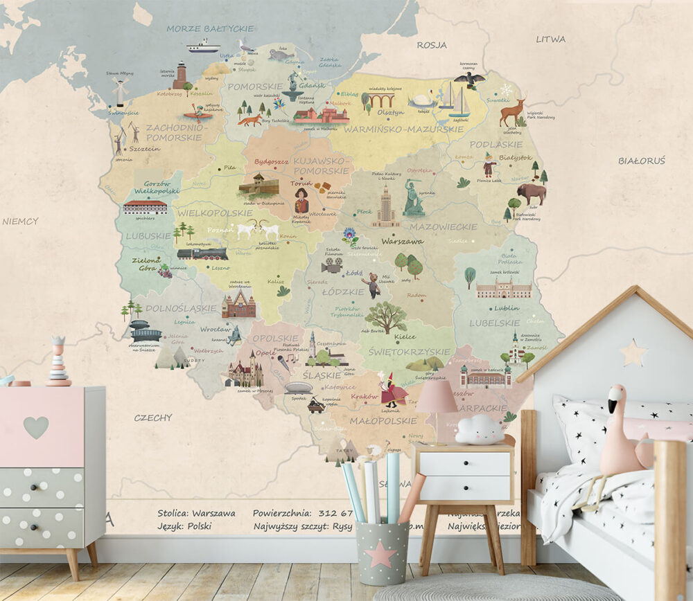 pokój dziecięcy w stylu skandynawskim - tapeta na ścianę Mapa Polski