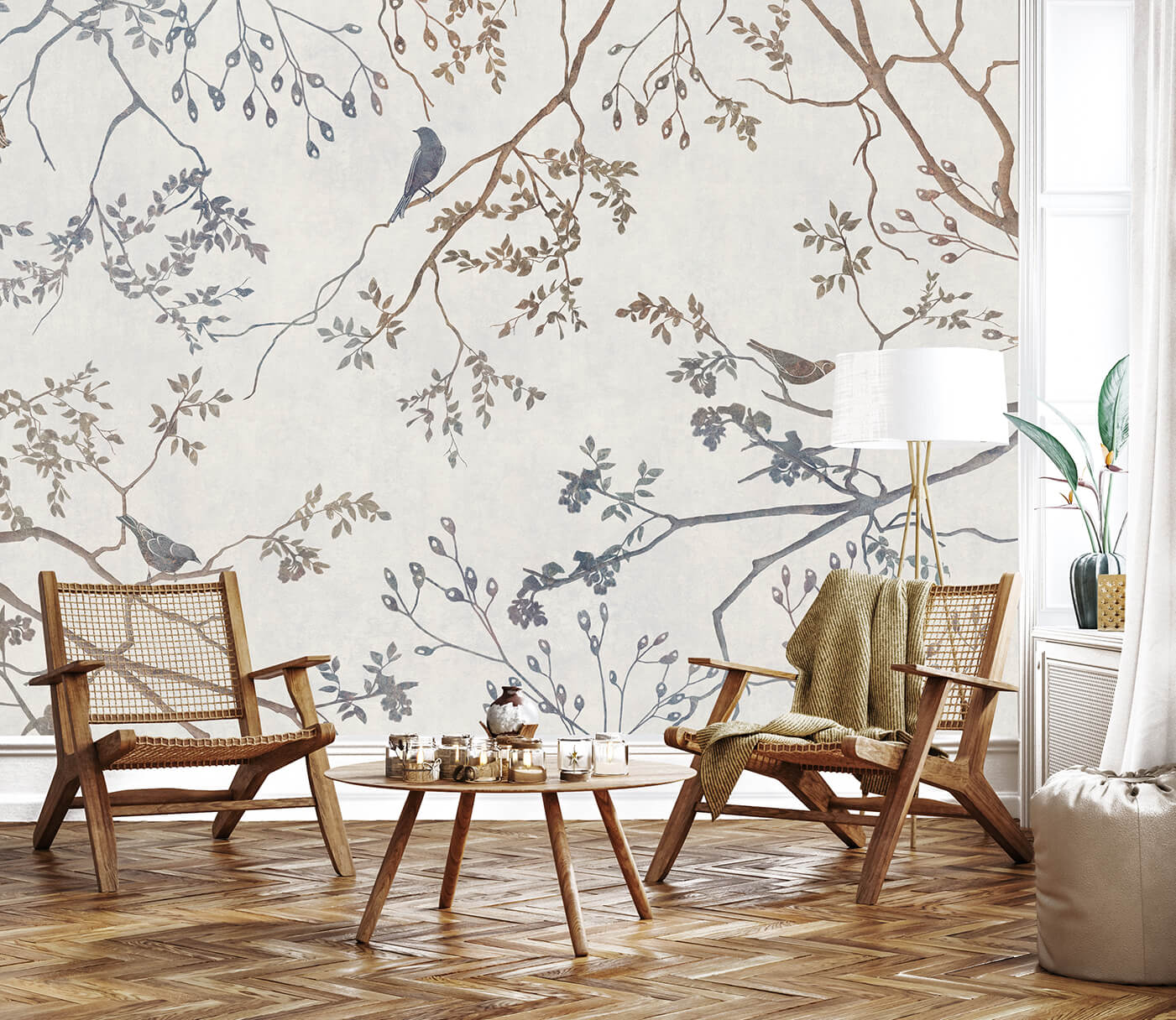 minimalistyczna aranżacja salonu w stylu rustykalnym - tapeta roślinna