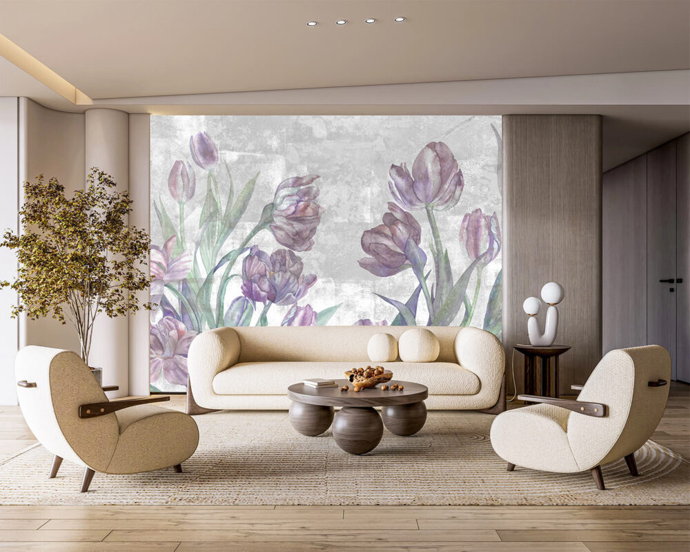 Botaniczne ściany – tapeta z fioletowymi tulipanami