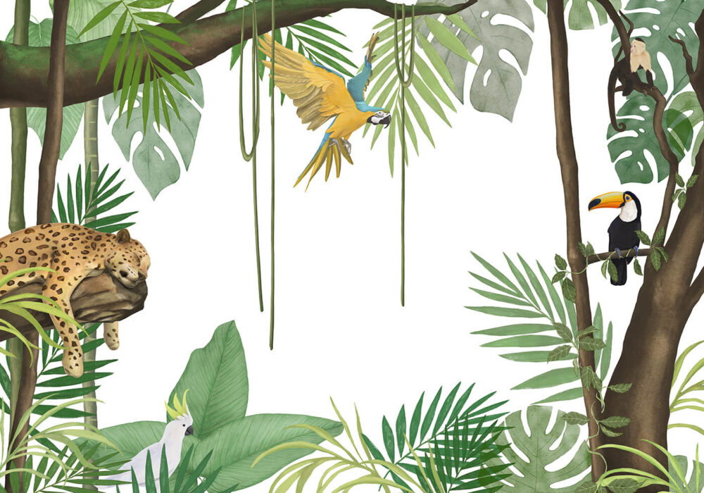 Fototapeta do pokoju dziecięcego przedstawiająca tropikalną dżunglę z jaguarem, papugą, tukanem i liśćmi monstera.