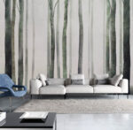 nowczesny salon w stylu skandynawskim tapeta 3D z lasem i mgłą